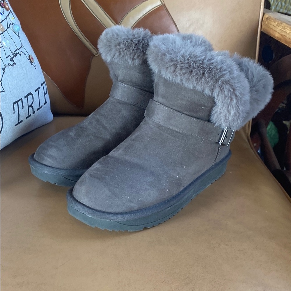 Gray Winter & Rain Boots with Plush Fur Trim